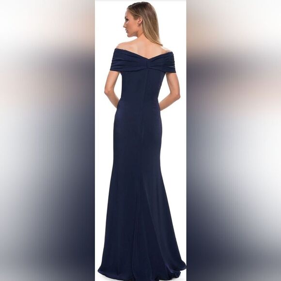 La Femme 29537 Fitted Off Shoulder Evening Dress NWOT Size 12 Navy Blue - Picture 2 of 5